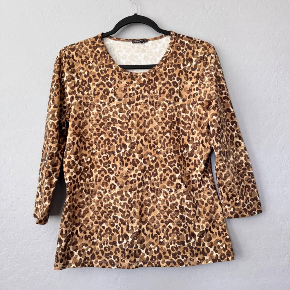 J.McLaughlin Medium 3/4 Sleeve Top Brown Leopard Print Scoop Neck Stretch